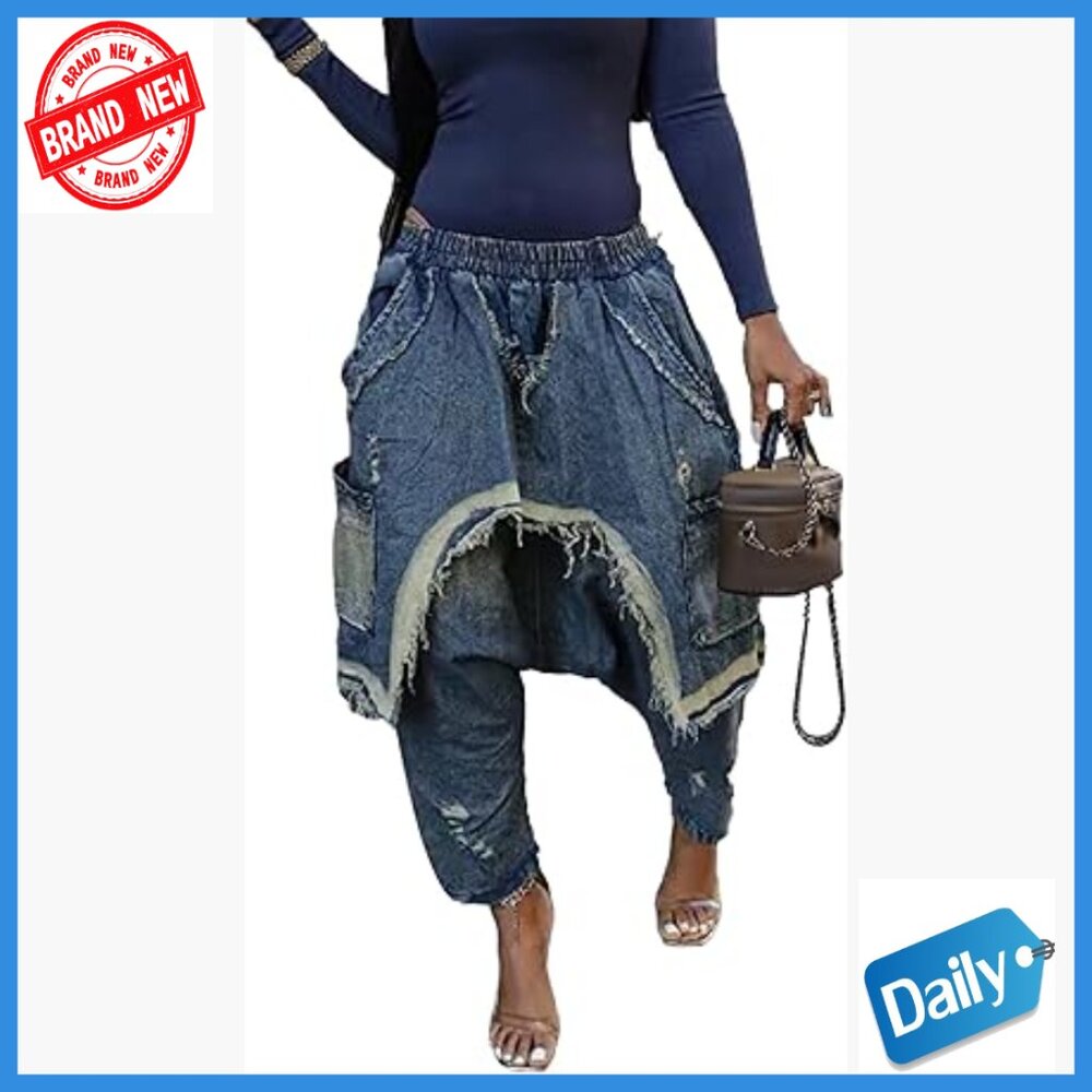 Patchwork Ripped Denim Harem Pants Elastic Waist … - image 1